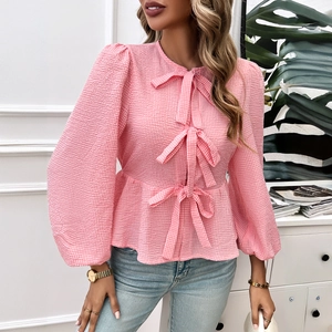 Women Gingham Plaid Blouse Round Neck Puff Sleeve Bow Tie Front Peplum Hem Polyester Sweet Casual Shirt Tops
