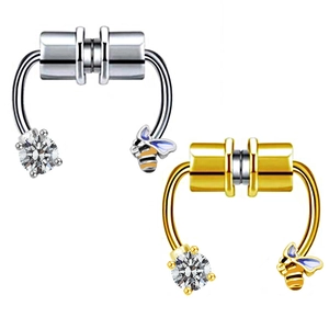 Magnetic stainless steel nose ring with bee charm and sparkling zircon accents