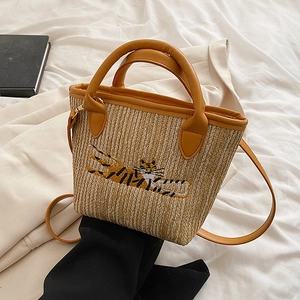 Small Straw Woven Tote Bag Tiger Embroidery PU Leather Handle Crossbody Handbag Summer Casual For Women Novelty