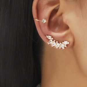 Gold plated ear cuff and leaf crawler earring set with marquise cut cubic zirconia