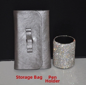 Silver PU leather storage bag with bow and crystal encrusted makeup brush holder