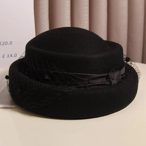 French vintage black wool beret with mesh veil and satin bow for women
