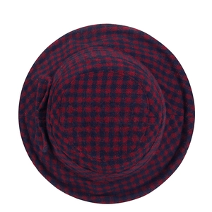 Classic red and navy plaid winter bucket hat for women made of warm thick wool fabric
