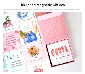 Macro shot of 50 pink motivational cards in a premium magnetic flip-top gift box