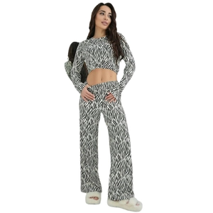 Women stripes pajama set with long sleeve crop top and high waist wide leg pants