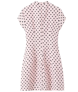 Detail showing back zipper and polka dot pattern on pink short-sleeved dress