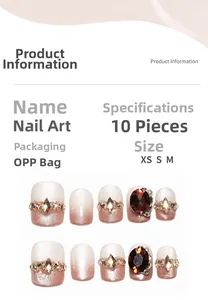 Detail of light brown cat-eye gradient press-on nails with glitter and rhinestones