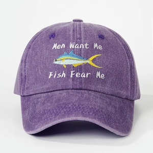 Vintage purple washed cotton baseball cap with Fish Fear Me embroidery for men and women