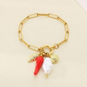 Gold stainless steel shell bracelet with red chili, pearl, and strawberry charms