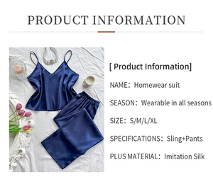 Détails de l'ensemble de pyjama en soie artificielle bleu foncé avec haut en V et pantalon