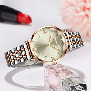 Detail of rose gold quartz watch dial with crystal indices against a stylish background