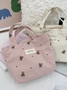 Corduroy Tote Bag Cute Bear Embroidery Heart Pattern Small Handbag For Women Daily Commuting Lunch Box Bag Kawaii Style