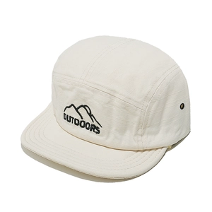 Detail of off-white 5-panel outdoor cap with mountain embroidery and metal eyelets