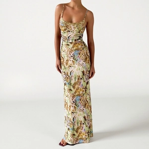 Elegant leopard print maxi camisole dress with sequin neckline for beach vacations