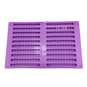 Purple silicone mold for 20-cavity wave energy bars with detailed dimensions on white background