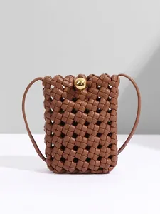 Woven PU Leather Crossbody Phone Bag For Women Mini Shoulder Purse With Golden Ball Clasp Retro Minimalist Vertical Square