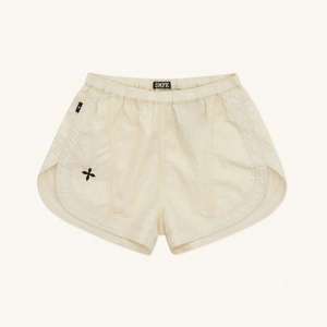 Front view of off-white viper skin tech shorts with elastic waist and black cross icons