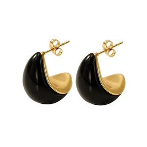 Modern C-shaped gold-plated hoop earrings with black enamel inlay and butterfly backings