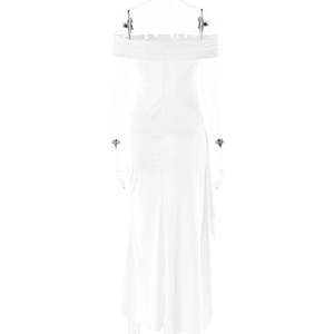 Vue détaillée du dos d'une robe blanche sans bretelles ajustée avec fente haute chic