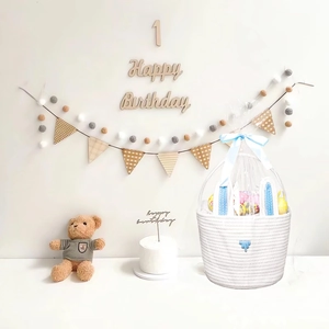 Easter cotton woven gift basket with blue bow and rabbit decor for baby birthday party
