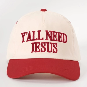Retro Two-Tone Baseball Cap mit rotem Schirm und Y'ALL NEED JESUS 3D-Stickerei-Detail