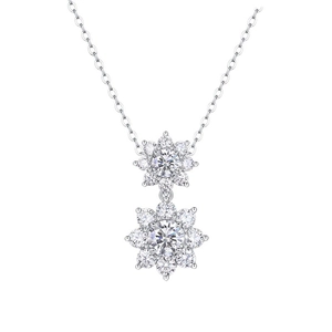 Elegant 925 silver necklace with sparkling double flower pendants and moissanite stones