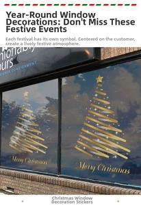 Close-up of golden Christmas tree window sticker with Merry Christmas text on glass