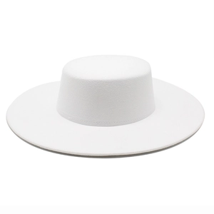 Elegant white wool felt boater hat with a flat top and 10cm wide brim for winter fashion