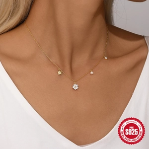Elegant S925 sterling silver gold-plated necklace with sunflower, pearl, and star charms