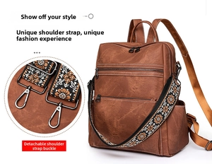 Detail of retro brown leather backpack featuring ethnic strap and detachable metal clip