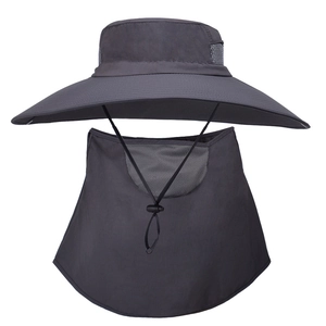 Dark grey wide brim sun hat with breathable face mask and neck cover for hiking