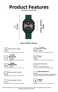 Detailed size specs for GEDI 12046 square quartz watch with green silicone strap
