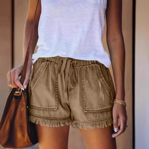 Short en jean kaki pour femme avec taille élastique à cordon et ourlet effiloché