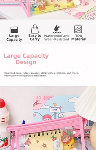 Detailed view of pink waterproof TPU cartoon pencil case with large capacity and cute stickers