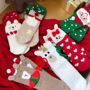 Thick warm Christmas coral fleece socks with cute cartoon Santa and reindeer designs