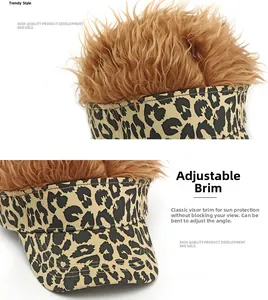 Detail of leopard print cap featuring a brown wig top and a functional bendable brim