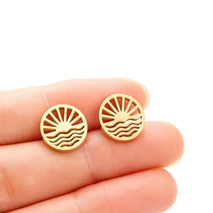 Minimalist gold stainless steel geometric sun and wave hollow round stud earrings