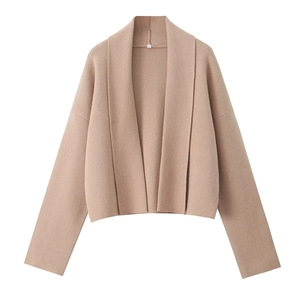 Women's camel lapel collar open front knit cardigan with long sleeves and ribbed texture