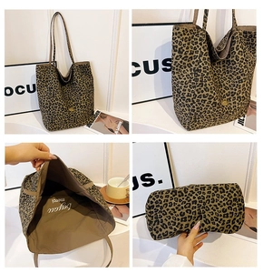 Detail shots of leopard print canvas tote bag showing interior pocket and structure