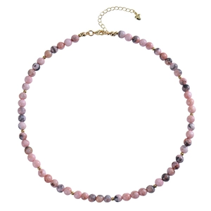 Detail view of pink and grey stone beaded choker necklace with golden heart clasp closure