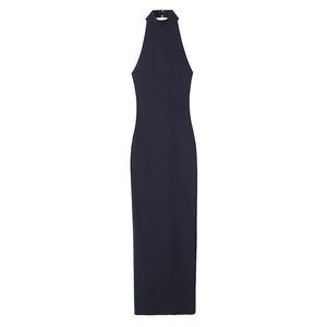 Robe Maxi Licou Polyester Tricoté Sans Manches Froncée Dos Nu Coupe Slim Élégant Fête Tenue De Soirée Pour Femmes