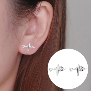 Minimalist heartbeat pulse and heart stainless steel stud earrings in polished silver