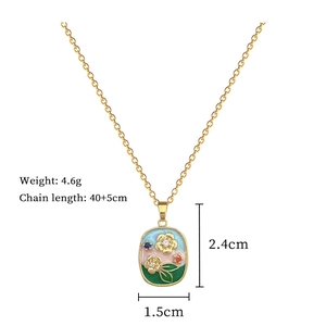 Detailed specs of floral enamel necklace with dimensions 2.4cm by 1.5cm and 4.6g weight