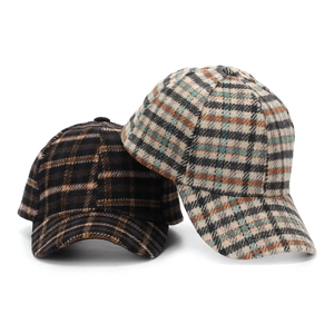 Classic houndstooth wool baseball cap set with warm winter flannel texture and curved brim