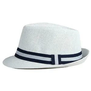 Classic white straw fedora with a blue striped ribbon band for beach and summer wear