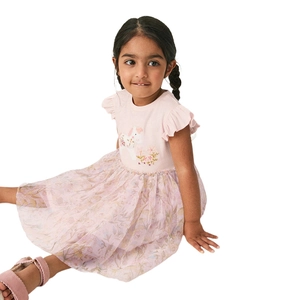 Robe Fille Manches Courtes Haut Coton Jupe Tulle Mesh Licorne Broderie Rose Douce Princesse Tenue Été Enfants