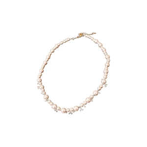 Elegant necklace featuring pink pearls and a zircon crystal pendant on white background
