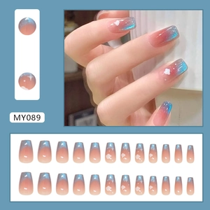 Blue cat-eye press-on nails with white clouds and shimmer gradient coffin shape 24pcs