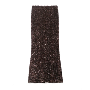 Elegant coffee brown sequined midi skirt with a straight cut and metallic shine finish