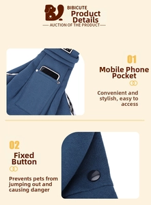 Detail of blue pet sling bag with dedicated phone pocket and secure safety fastener